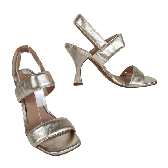 LINEA PAOLO Gold Strappy Heeled Sandal Open Toe Hook and Loop Women's 5.5 - Picture 1 of 8